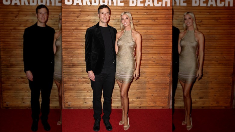 Ivanka Trump in a gold tight dress and Jared Kushner in all black