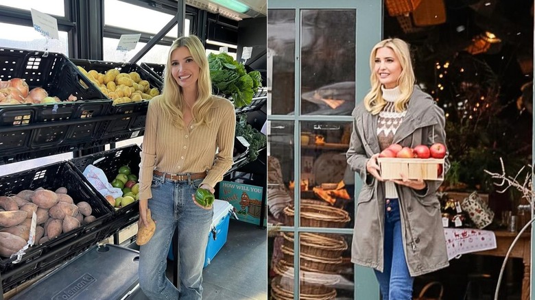 Ivanka Trump wearig rustic outfits while holding farm produce for photo ops