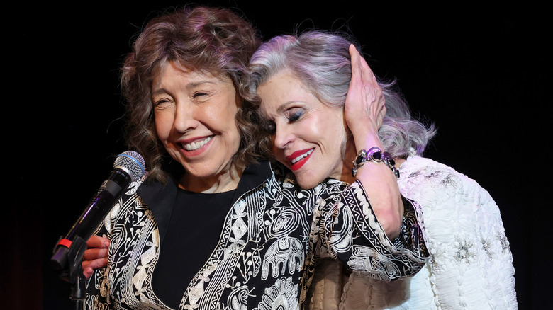 Lily Tomlin and Jane Fonda speak on stage during Era Coalition Forward Women's Equality Trailblazer Awards and premiere of "Still Working 9 to 5" 2024