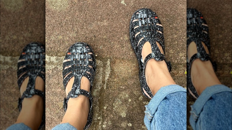 Black and white jelly sandals