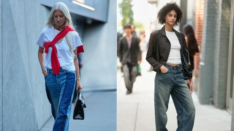 A woman in a jeans and tee outfit with a sweater draped around her shoulder, and a woman in a jeans and tee combo with a plaid blazer