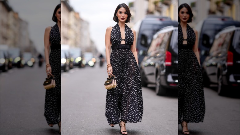 woman in polka dot maxi dress