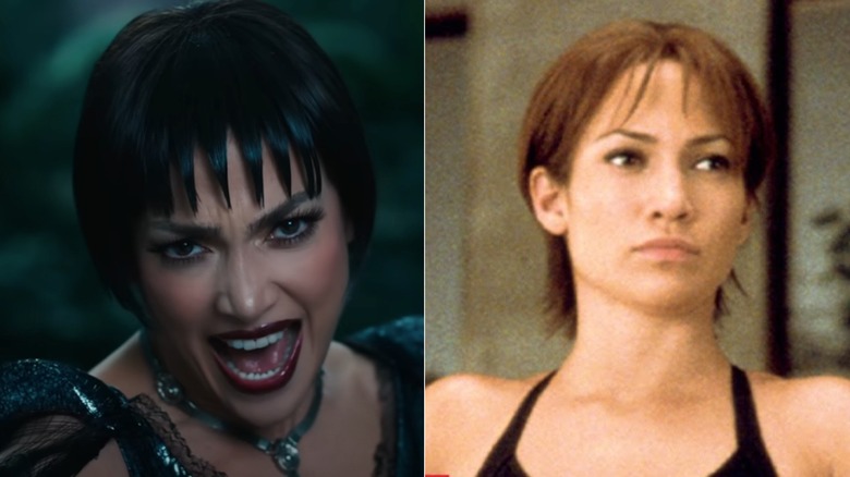 Jennifer Lopez with a black pixie in "Kiss of the Spider Woman" and with a short hairstyle in "Enough"