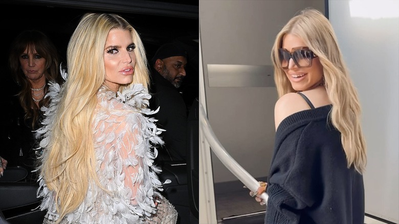 Jessica Simpson wearing a butter-blond shade versus Jessica Simpson after her hair transformation wearing a softer dirty blond