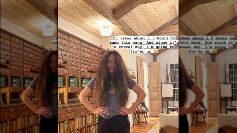 Joanna Gaines posing with long, thick, and frizzy hair