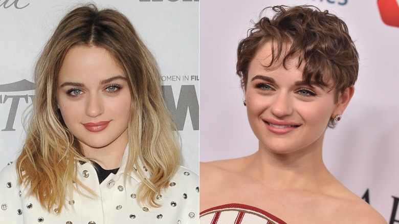 Joey King posing for a picture with mid-length dirty blonde hair with dark roots (L) Joey King on the red carpet with a short curly pixie