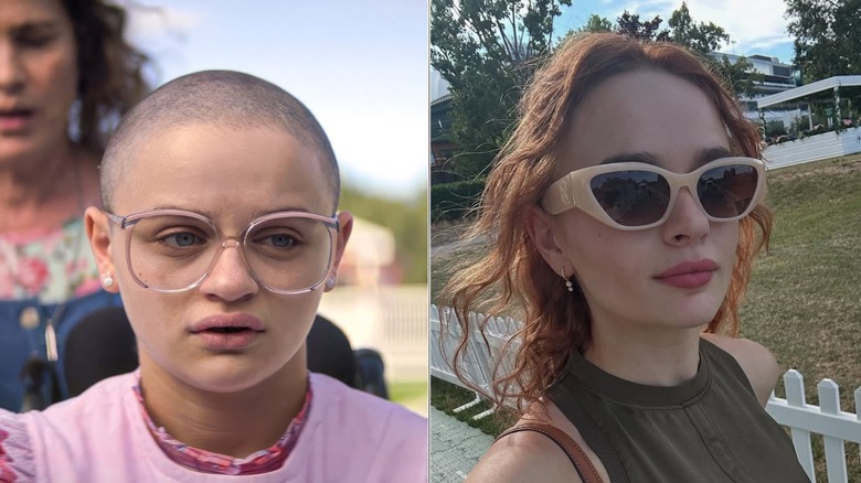 Joey King sitting on a chair in "The Act," and Joey King posing with red hair and glasses