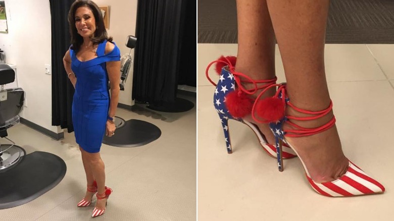 Jeanine Pirro smiles backstage in a blue bandage dress and flag shoes