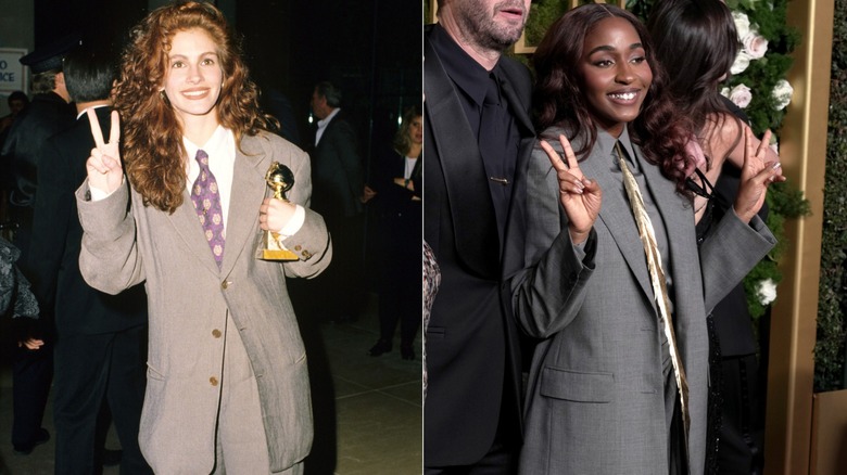 A side by side image of Julia Roberts and Ayo Edebiri at the golden Globes
