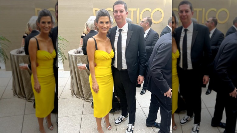Kaitlan Collins wearing a yellow dress with an inappropriate cut