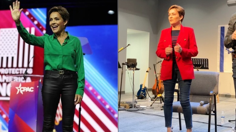 Kari Lake wearing two different outdated outfits that don't flatter her features