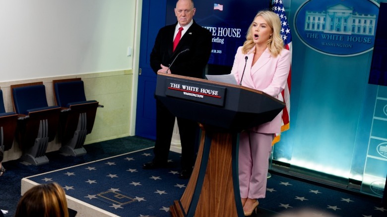 Karoline Leavitt speaks to the press at the White House