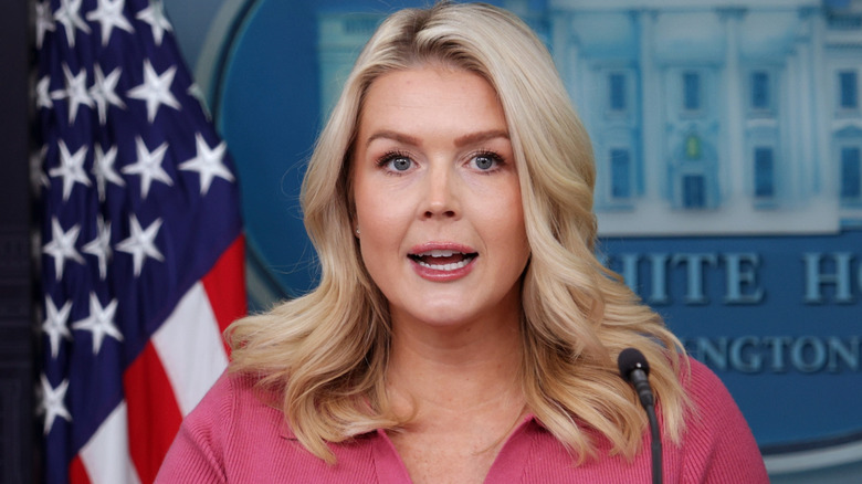 Karoline Leavitt in a pink sweater