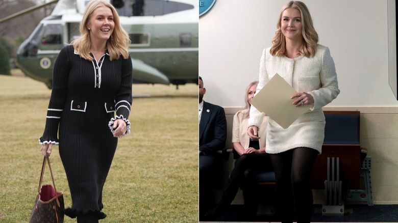 Karoline Leavitt wearing old-looking sweater outfits