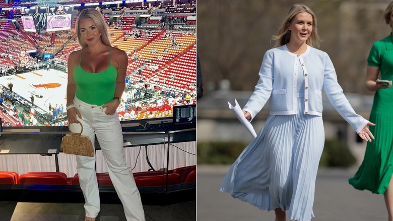 Karoline Leavitt wearing a youthful green outfit (L) & Karoline Leavitt in an unflattering blue outfit that makes her look old (R)