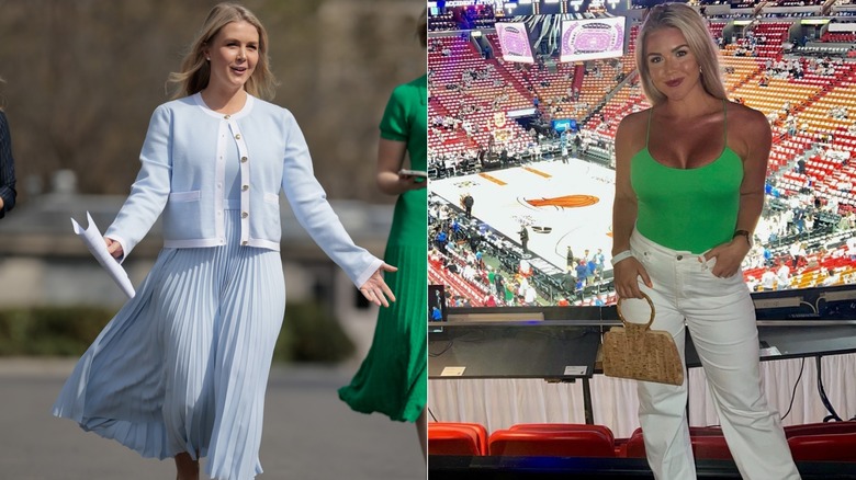 Karoline Leavitt in two opposing looks: a blue matronly 'fit and a tight green top and white pants