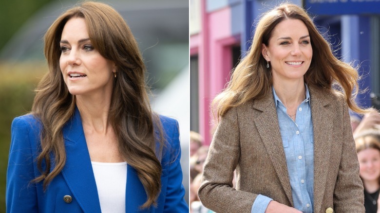 Kate Middleton with darker hair on the left and honey-blond hair on the right