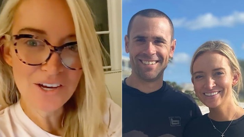 A side-by-side photo of Kayleigh McEnany without makeup, posing alone and next to her husband