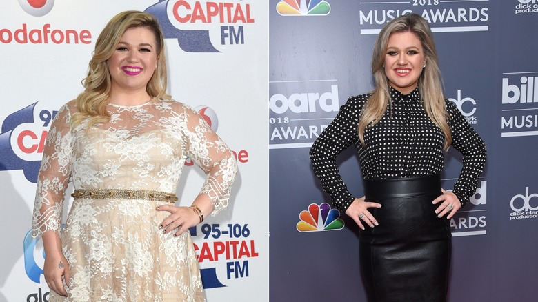Kelly Clarkson in 2015 with a smile on her face (L) versus Kelly Clarkson in 2018 (R)