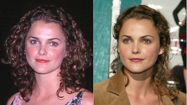 Keri Russell before started straightening her hair (L) and Keri Russell after she started lightly straightening her hair (R)