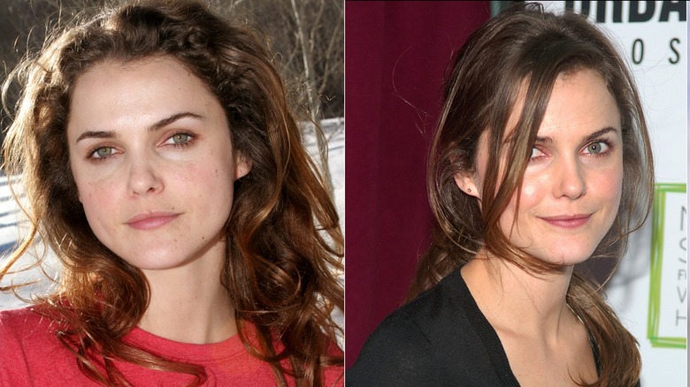 Keri Russell with wavy, messy hair wearing a red shirt (L) and Keri Russell with fully straightened hair (R)