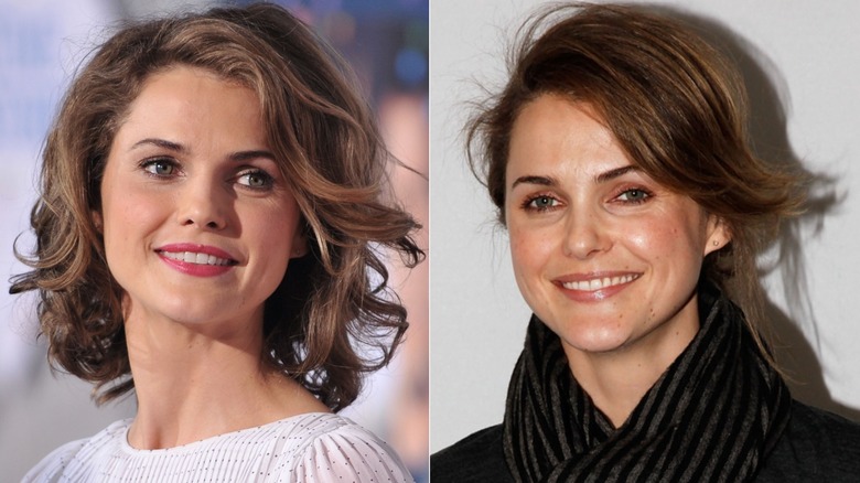 Keri Russell with wavy, short lob wearing a white dress(L) and Keri Russell with short hair and side swept bangs﻿ (R)