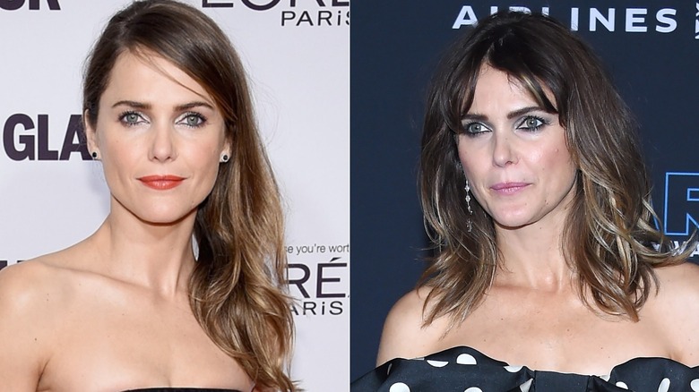 ﻿Keri Russell with silky straight hair (L) and Keri Russell with voluminous straight hair with waves at the tips (L)