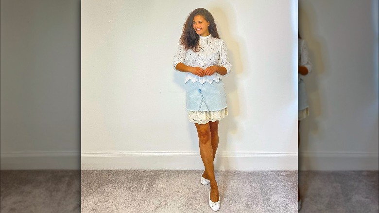 denim miniskirt layered