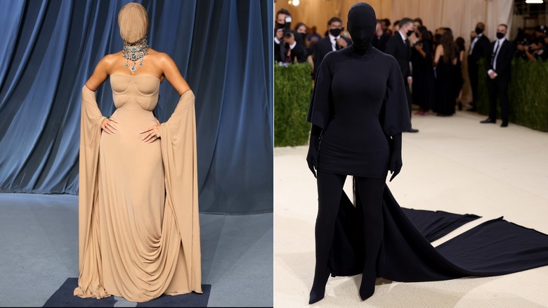 Kim Kardashian wearing face coverups at the 2025 Academy Museum Gala and at the 2021 Met Gala