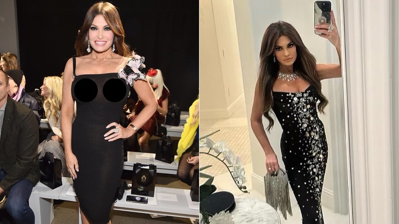 A side-by-side picture of Kimberly Guilfoyle in a sheer black dress at New York Fashion Week in February 2019 on the left and her in a sheer black dress at a 2024 fundraiser on the right