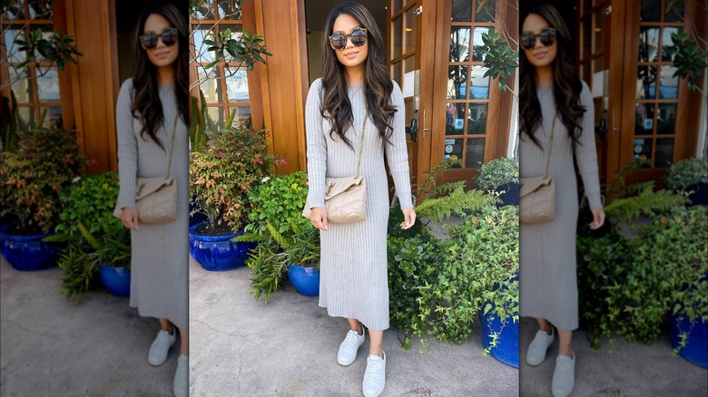 Girl wearing a neutral knit maxi dress