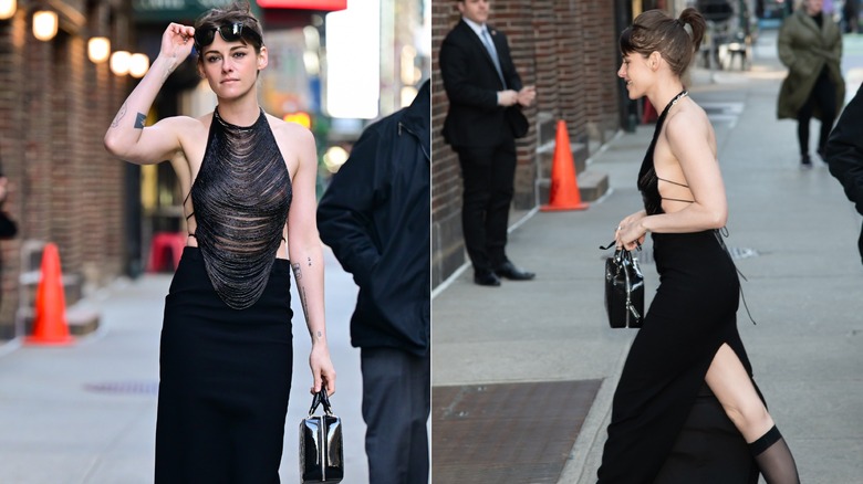 Kristen Stewart walking in a black top and skirt