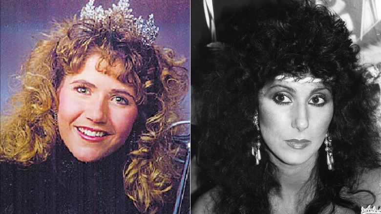 Kristi Noem (R) and Singer Cher (L)  in throwback photos showing the '80s big hair trend