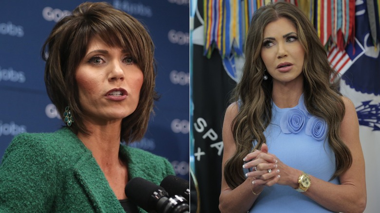 Kristi Noem speaking with a dark-brunette bob on the left and longer, lighter hair on the right