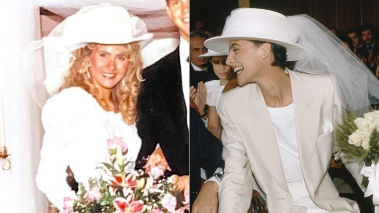 Kristi Noem's wedding picture showing her cowboy-hat headpiece next to another '90s bride wearing a white hat under her veil