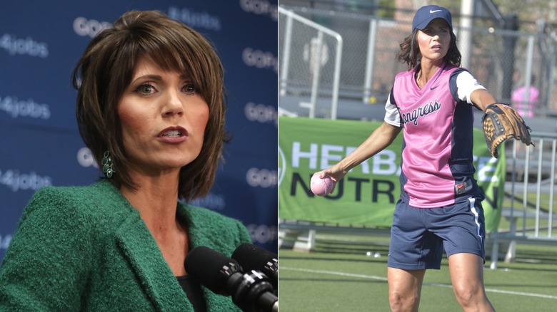 Kristi Noem with bangs in 2014 and wearing sports clothes in 2015.