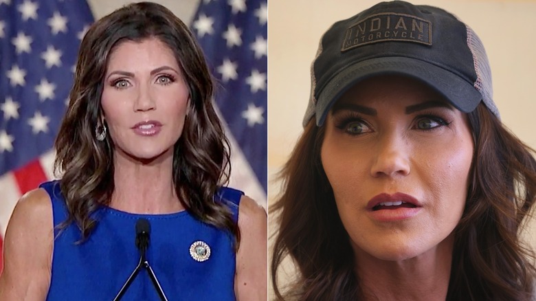 Kristi Noem speaking at a podium in 2020 and wearing a cap in2021.