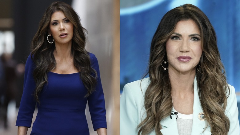 Kristi Noem walking and being interviewed on TV in 2024.