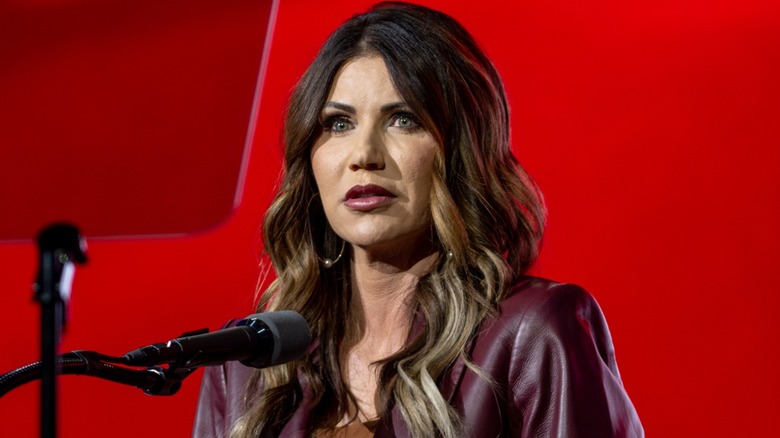 Kristi Noem wearing plum lipstick in 2022.