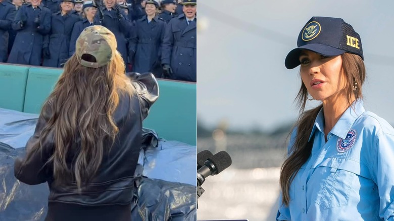 Kristi Noem at political events showing the back and side views of her poorly attached hair extensions