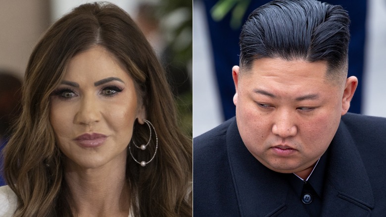 Kristi Noem in a white suite photographed during a U.S. Cabinet Meeting (L) & Kim Jong Un photographed at the ceremony of laying flowers and wreaths (R)