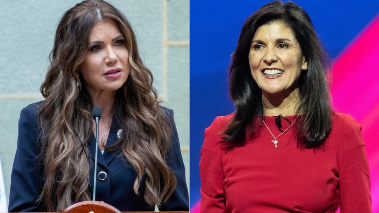 Kristi Noem photographed in a navy suit (L) & Nikki Haley photographed in a red dress (R)