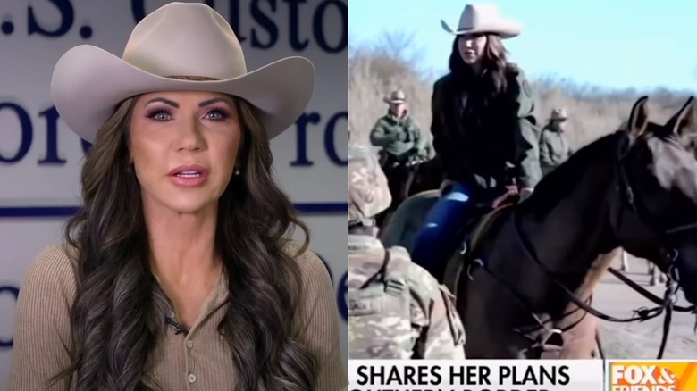 L: Kristi Noem in a cowboy hat on NBC News R: Kristi Noem on horseback