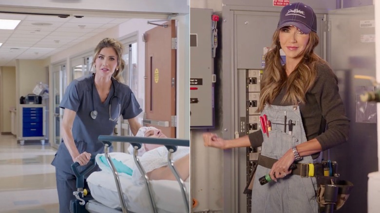 L: Kristi Noem as a nurse R: Kristi Noem as a mechanic
