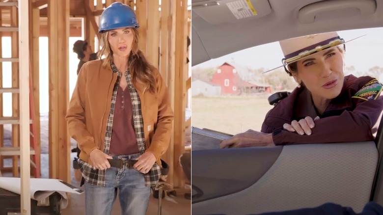 L: Kristi Noem as a construction worker R: Kristi Noem as a highway patrol officer