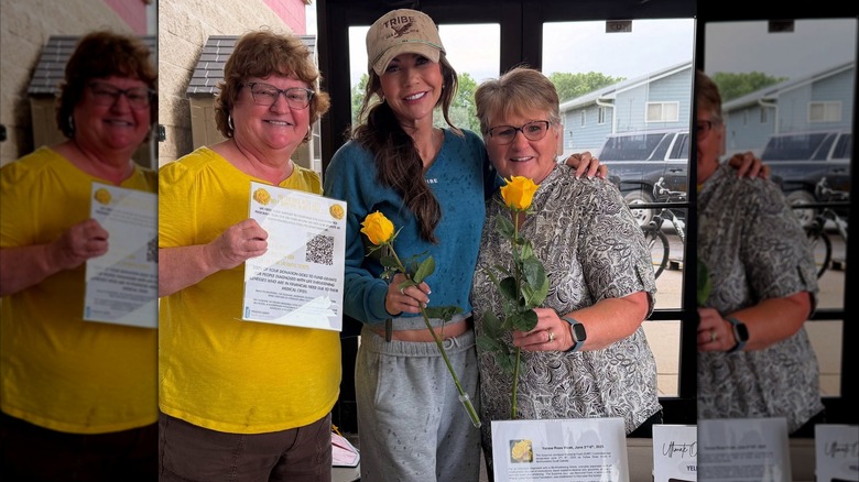 Kristi Noem wearing a blue sweater and gray sweatpants