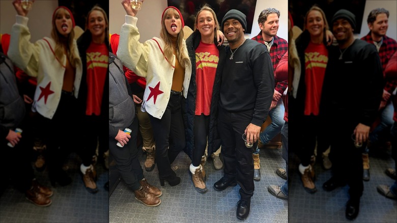 Taylor Swift, Kylie Kelce, and Aric Jones smiling
