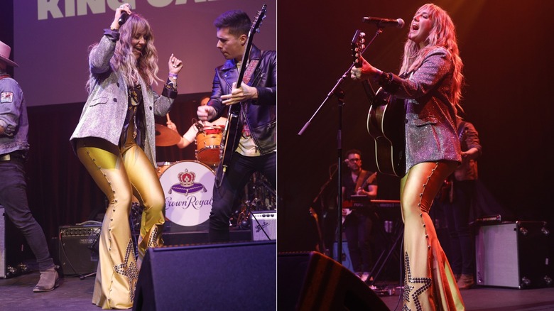 Lainey Wilson wearing yellow flare pants with a silver sparkly blazer