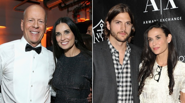 Demi Moore with Bruce Willis and Ashton Kutcher in a side by side image