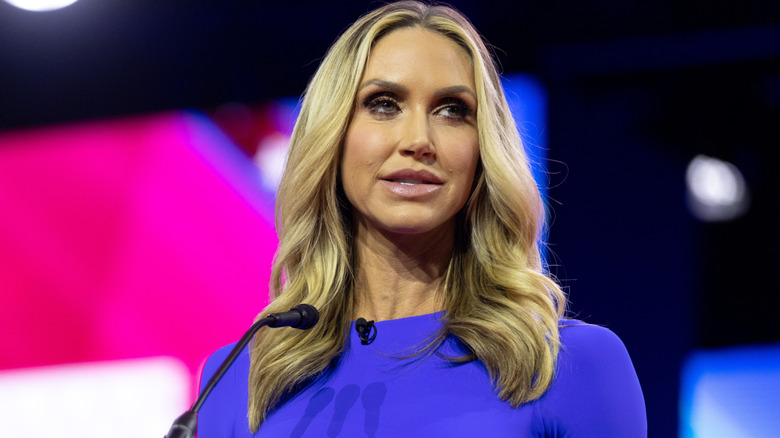 Lara Trump giving a speech while wearing a blue top.